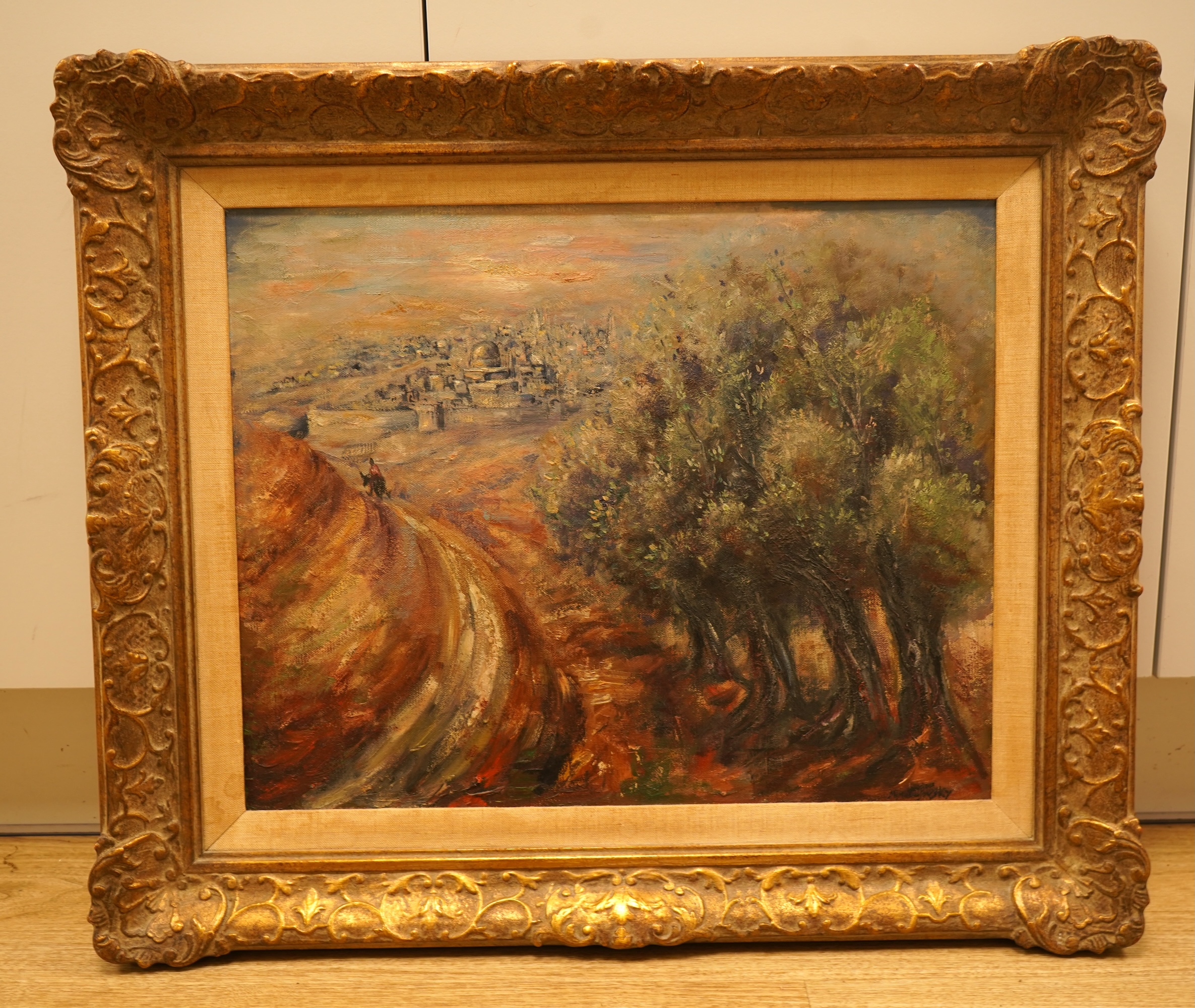 Manner of Marie-Louise von Motesiczky (1906-1996), figure entering a city, bears signature, oil on canvas, ornate framed, 39 x 49cm
